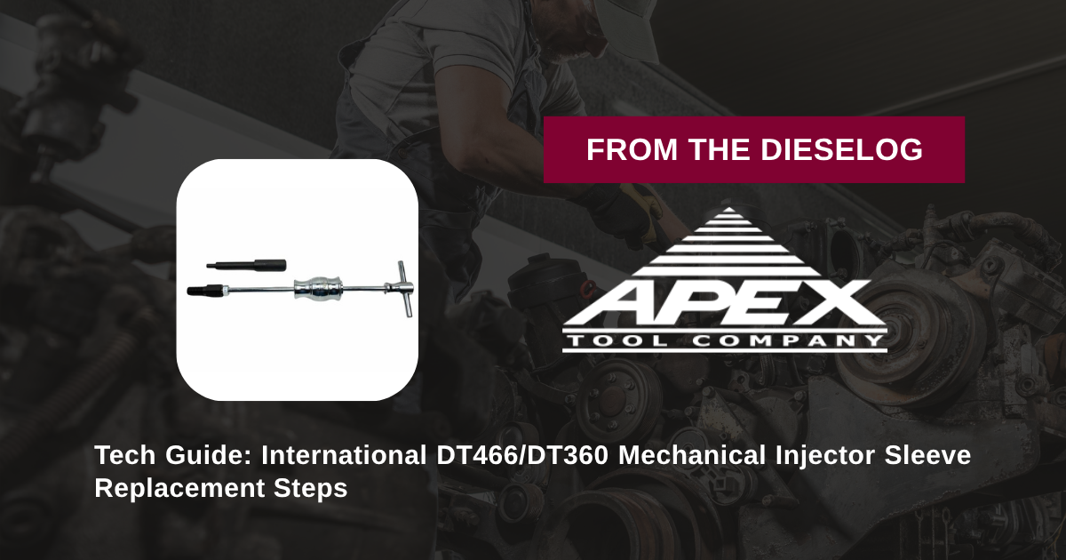 Step-by-step close up layout of brass injector sleeve driver tool mounted over an International DT466 cylinder head